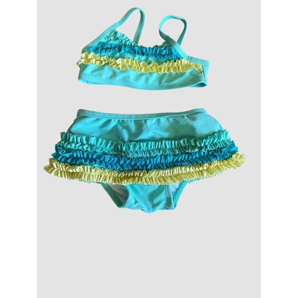 Circo Infant toddler Girls Swim Suit 18 Months blue green ruffles 2 piece Euc